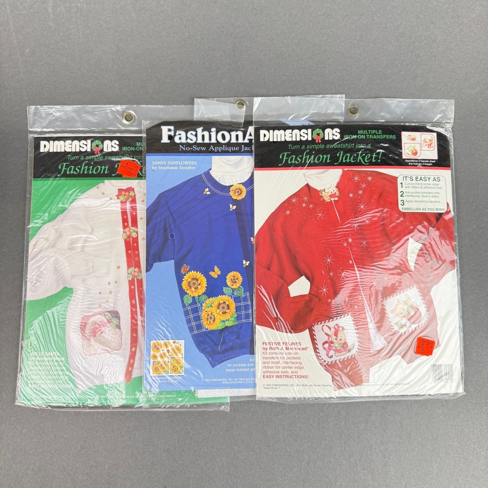 Dimensions Vintage Sweatshirt Jacket Craft Kits Sunflowers Santa Cats Lot of 3